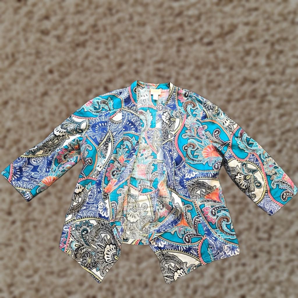 Vintage Chicos Jacket Womens Large Blue Paisley Linen 3/4 Sleeve Open Blazer Casual Size L / US 10 / IT 46 - 1 Thumbnail
