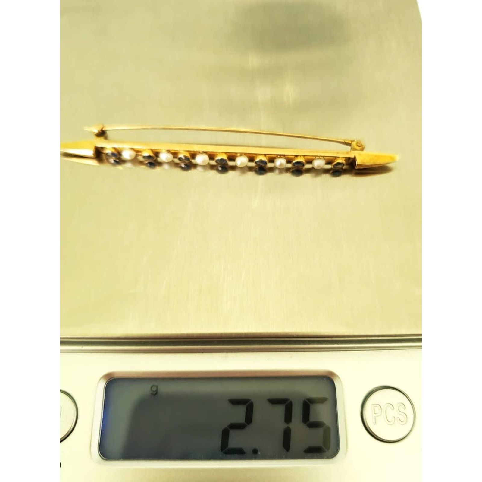 Other Antique Sapphire and Seeded Pearl Bar Pin 10K Solid Gold Size ONE SIZE - 7 Thumbnail
