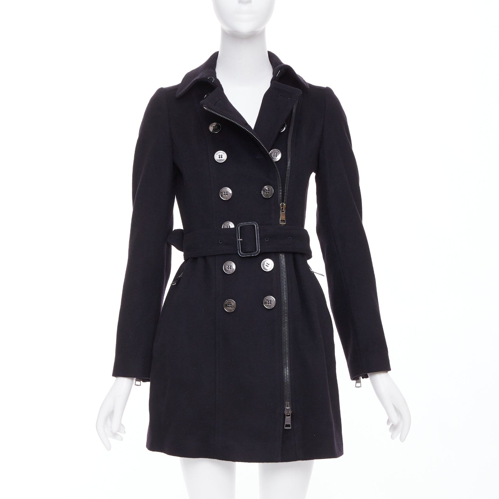 Burberry BURBERRY black virgin wool cashmere asymmetric zip belted trench coat UK4 XXS Size XS / US 0-2 / IT 36-38 - 1 Thumbnail