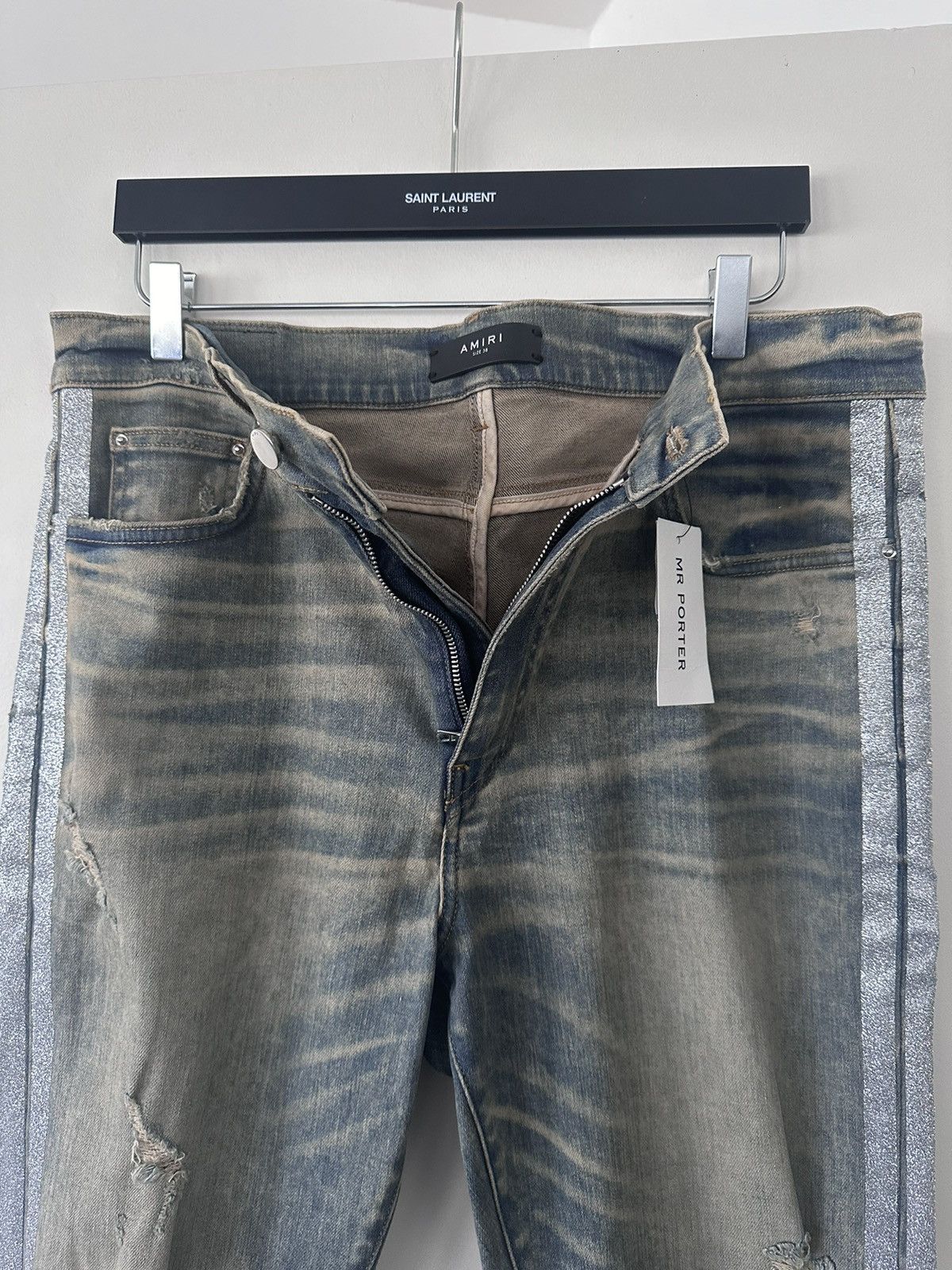 Amiri TRACK DISTRESSED GLITTERED STRETCH DENIM JEANS Size US 38 / EU 54 - 6 Thumbnail