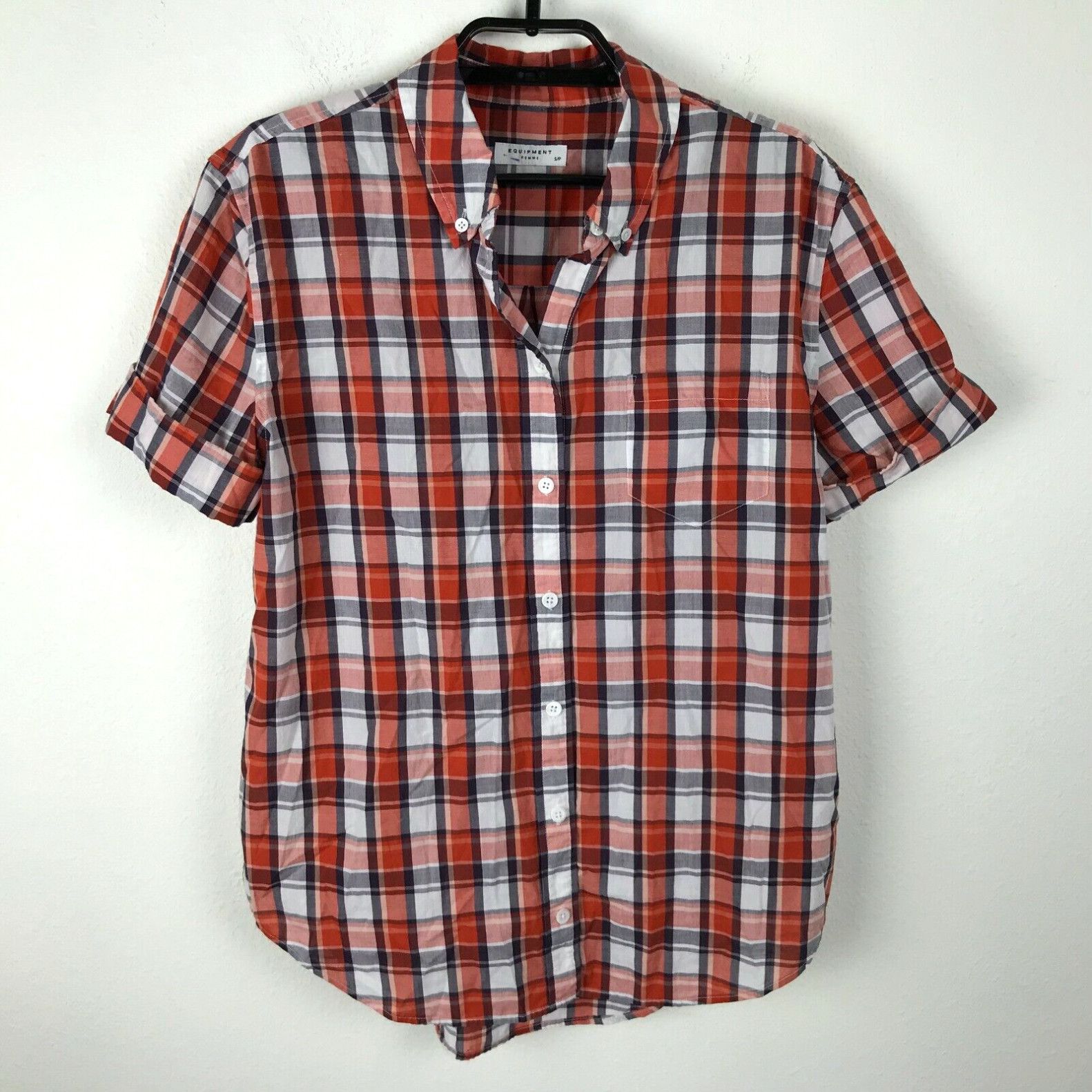 image of Equipment Femme Blouse Size S Plaid Red White Short Sleeve Cotton Lightweight, Women's