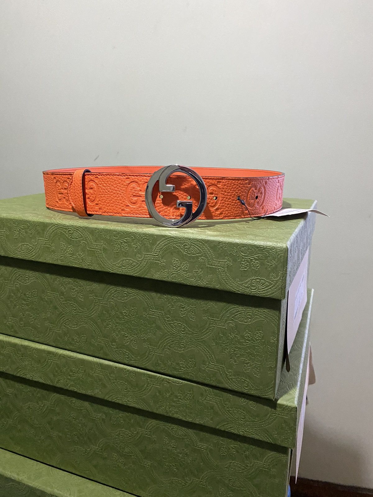 Image of Gucci GG Calf Leather Orange Belt, Men's (Size 34)