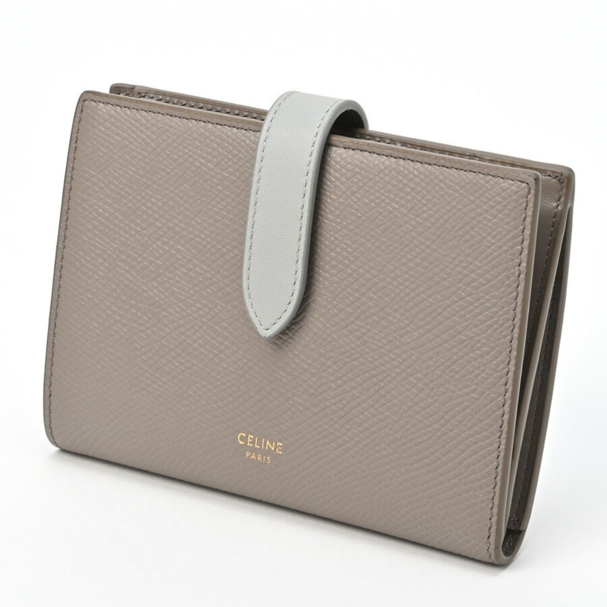 image of Celine Medium Strap Wallet 10B643Bru.10Pi Bicolor Grained Calfskin Pebble/mineral in Grey, Women's