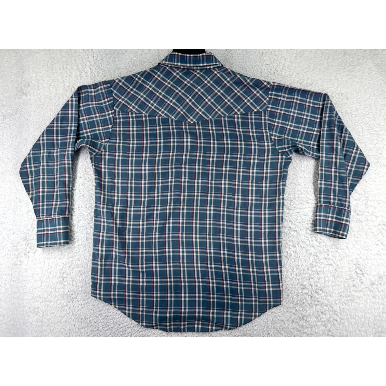 Vintage Plains Shirt Mens Large Blue Beige Plaid Pearl Snap Western Pockets Polyester Size US M / EU 48-50 / 2 - 2 Thumbnail