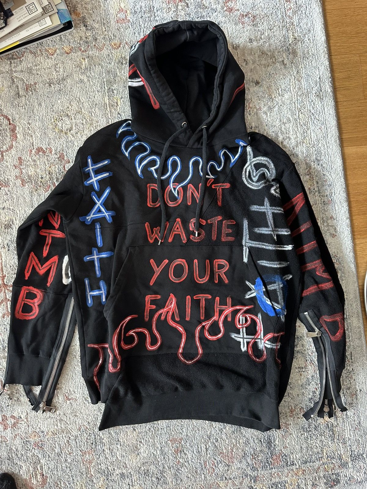 Image of Faith Connexion Men’S Hoody With Hand Painted Graffiti And Zippers.oversized in Black (Size XS)