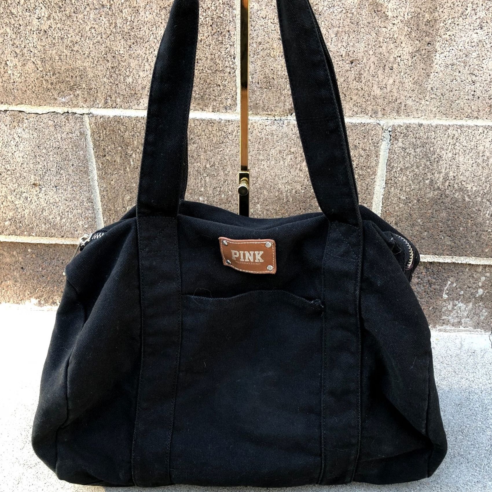 Victoria's Secret PINK VICTORIA SECRET Canvas Duffle Bag Large Purse Black Shoulder Bag Size ONE SIZE - 2 Thumbnail