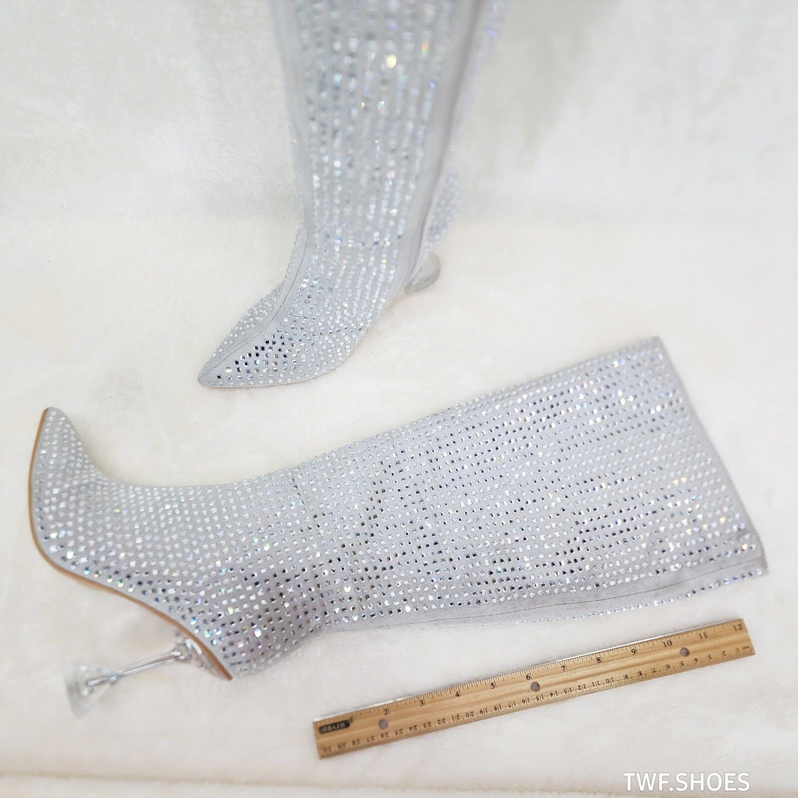 Other Glamour Shot Mirrored Rhinestone 4" Pyramid Heel Knee Boots Size US 9 / IT 39 - 7 Thumbnail