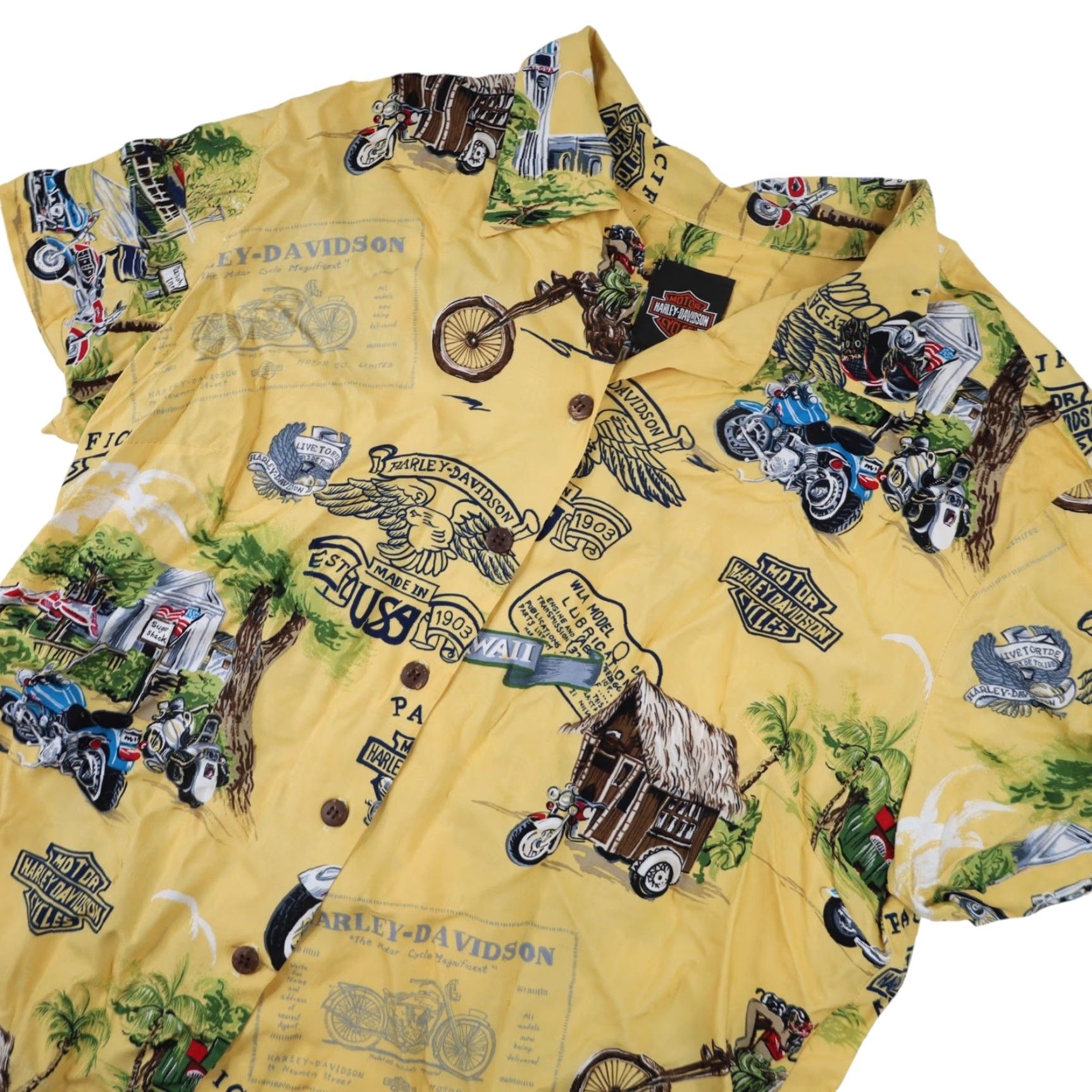 Harley Davidson VINTAGE Harley Davidson Womens Large Silk Hawaiian Shirt Yellow Shirt Women Large Yellow Harley Davidson Silk Hawaiian Button-Up 90s? Size L / US 10 / IT 46 - 2 Thumbnail