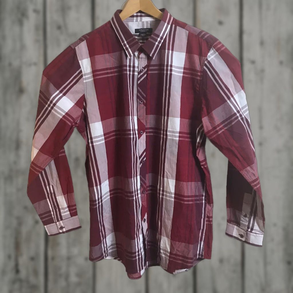 Vintage Structure Shirt Mens XL Long Sleeve Wine Plaid Modern Fit Button Up 100% Cotton Size US XL / EU 56 / 4 - 1 Thumbnail
