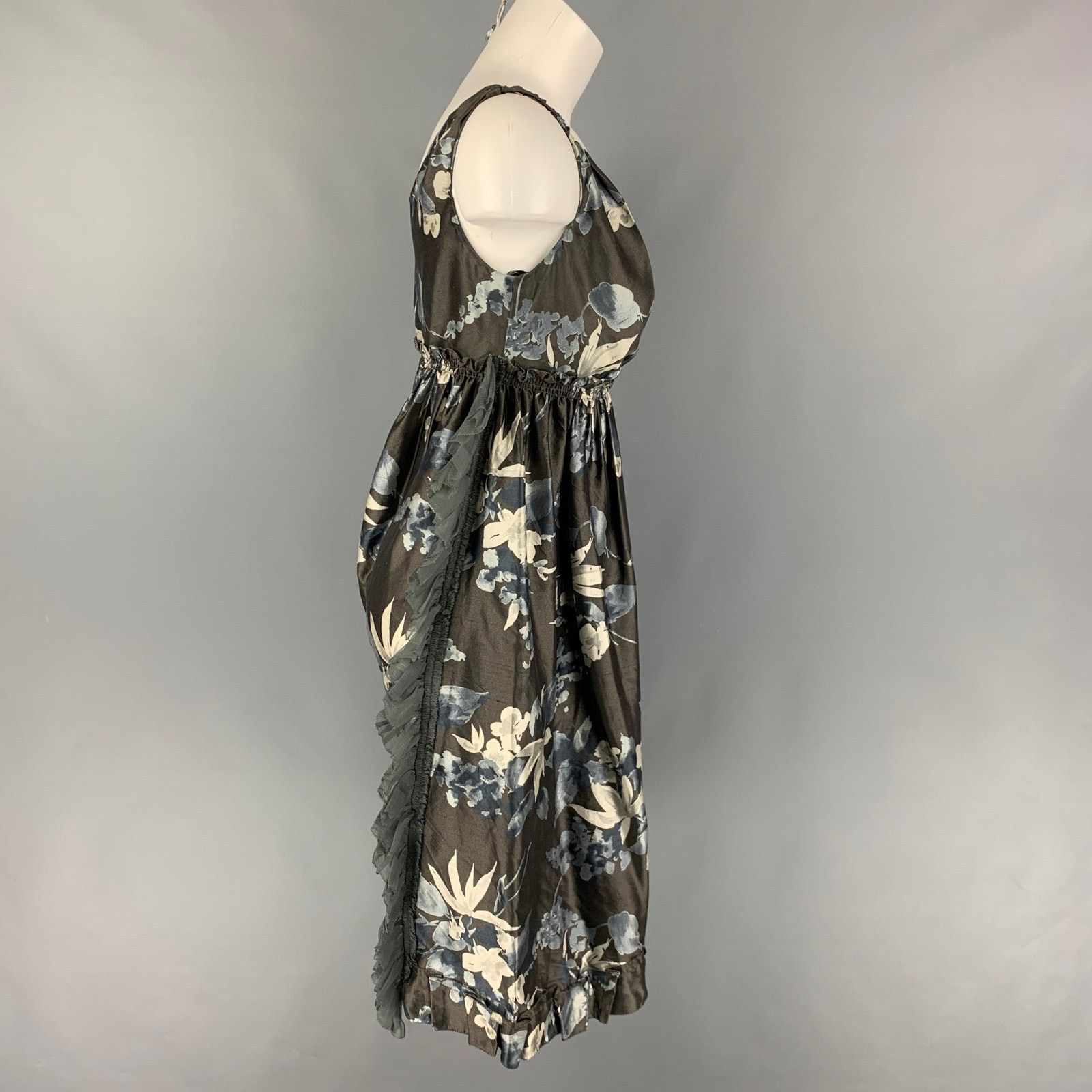 Vera Wang VERA WANG Size 4 Slate Cream Silk Floral Ruched Dress Size S / US 4 / IT 40 - 2 Thumbnail