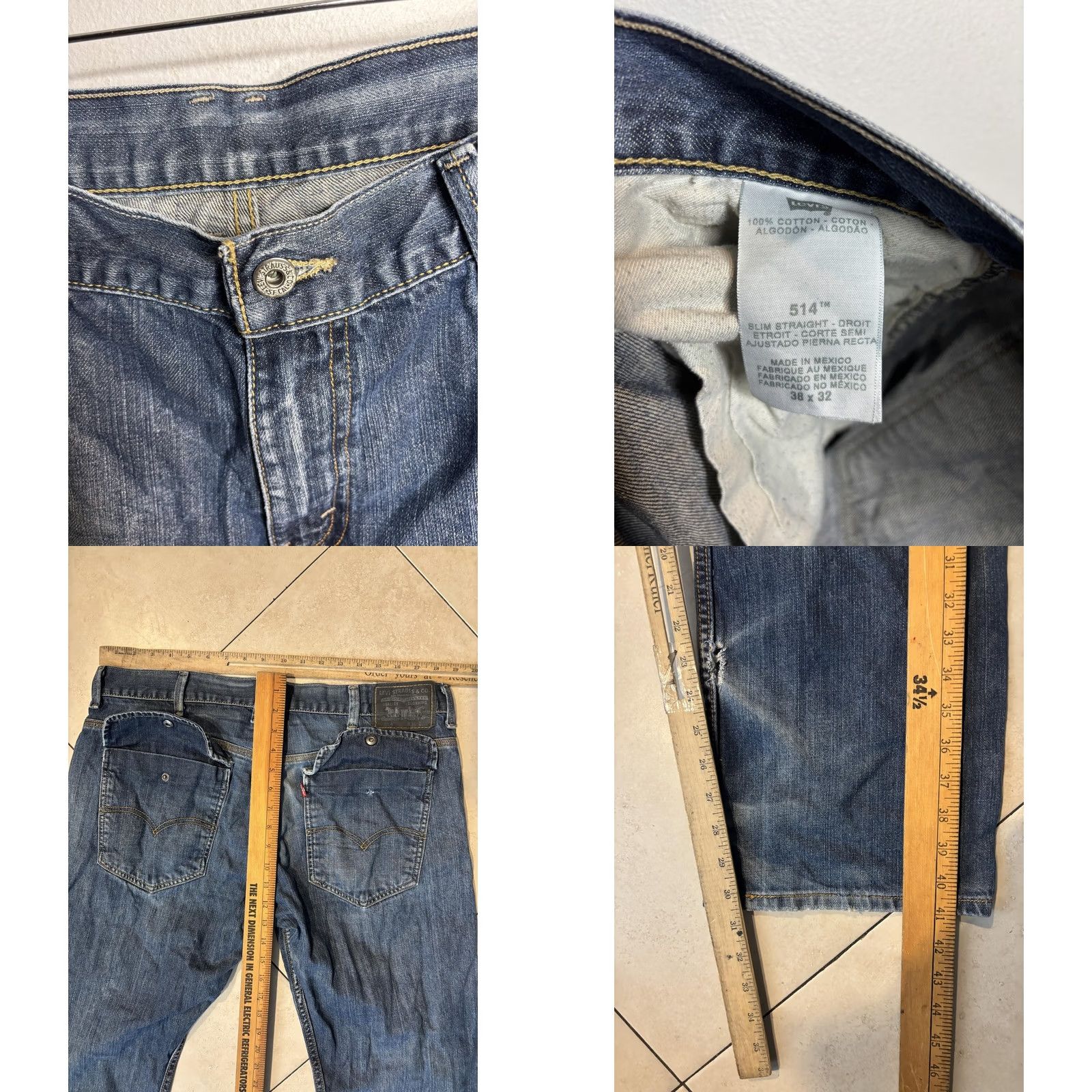 Levi's Levi's 514 Jeans Mens 38x32 Slim Straight Button Fly Flap Pocket Distressed Denim Blue Medium Wash Size US 38 / EU 54 - 8 Thumbnail
