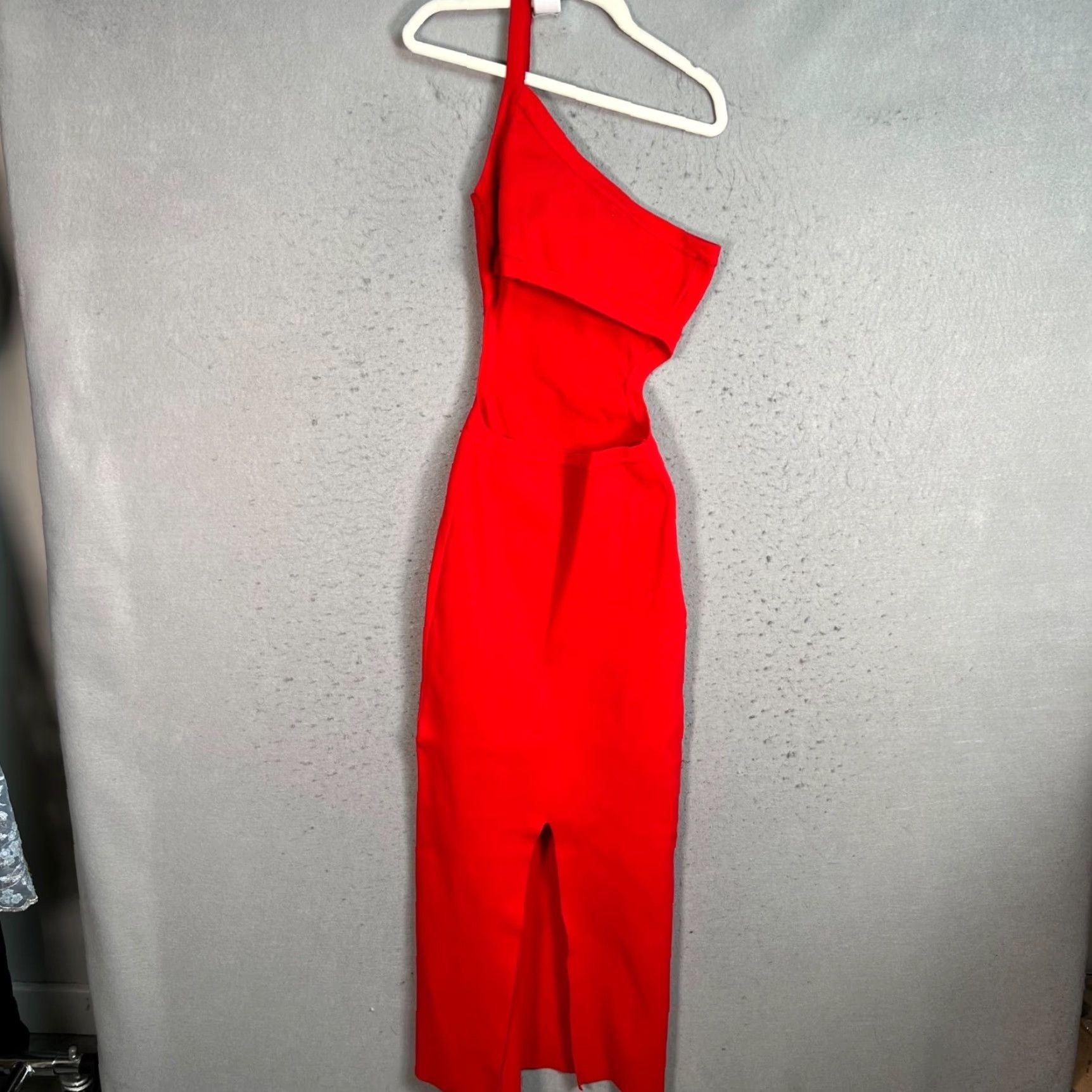 Vintage Emory Park Womens M Red One-Shoulder Midi Dress W/ Cutouts & Back Slit Bodycon - Adult, Regular, Solid, Sleeveless, Spring Summer, Womens, Dress Size M / US 6-8 / IT 42-44 - 2 Thumbnail