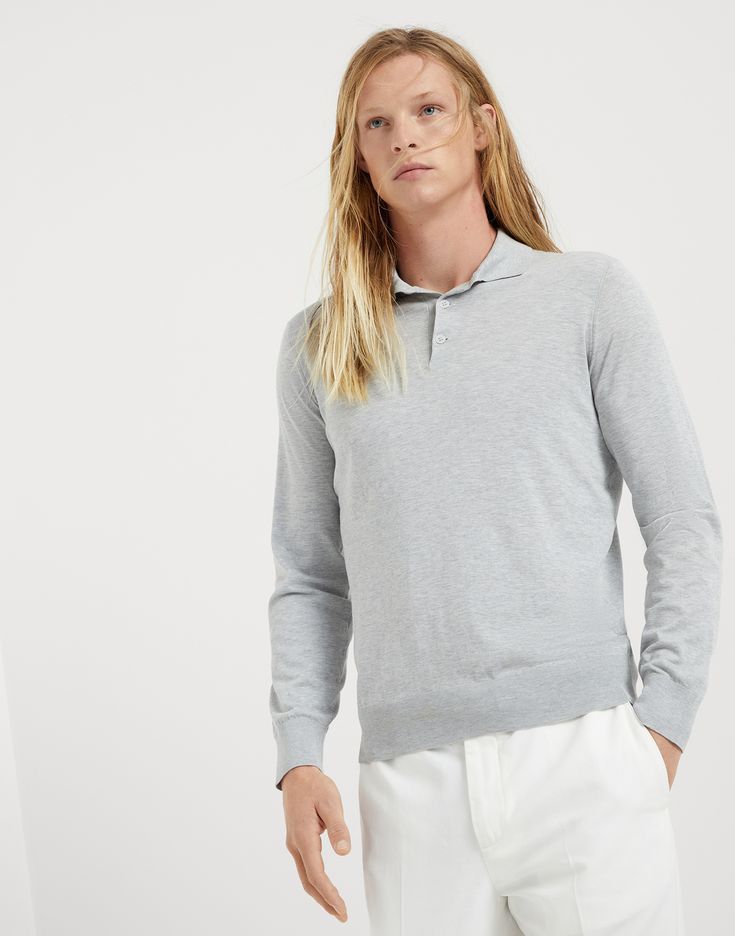 Brunello Cucinelli Polo Sweater in Light Grey Size US L / EU 52-54 / 3 - 1 Thumbnail