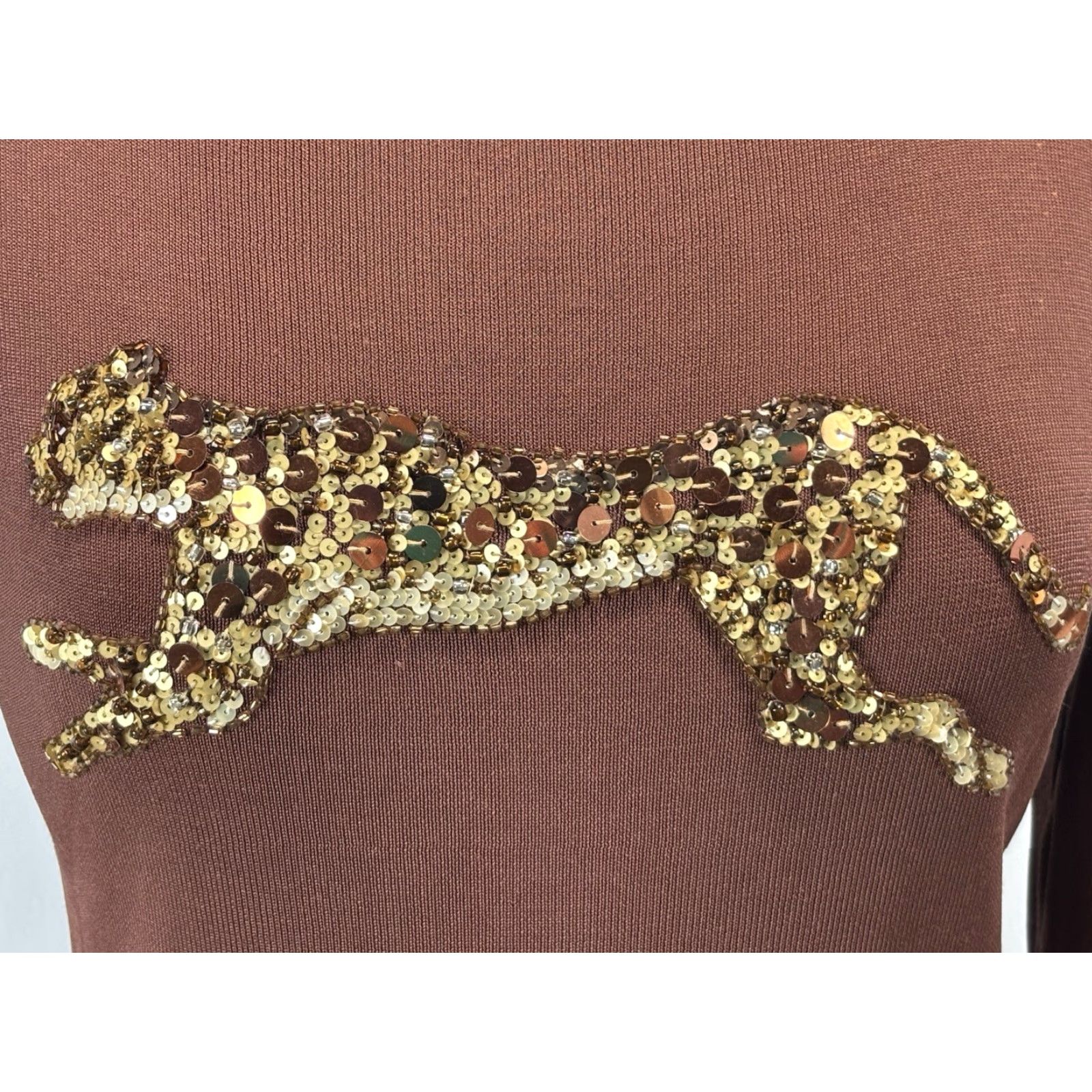 Lee VINTAGE Robbie Lee Knitworks Beaded Sweater Cheetah Beaded Sequin Stretch 90s Women Medium Rust Size M / US 6-8 / IT 42-44 - 6 Thumbnail