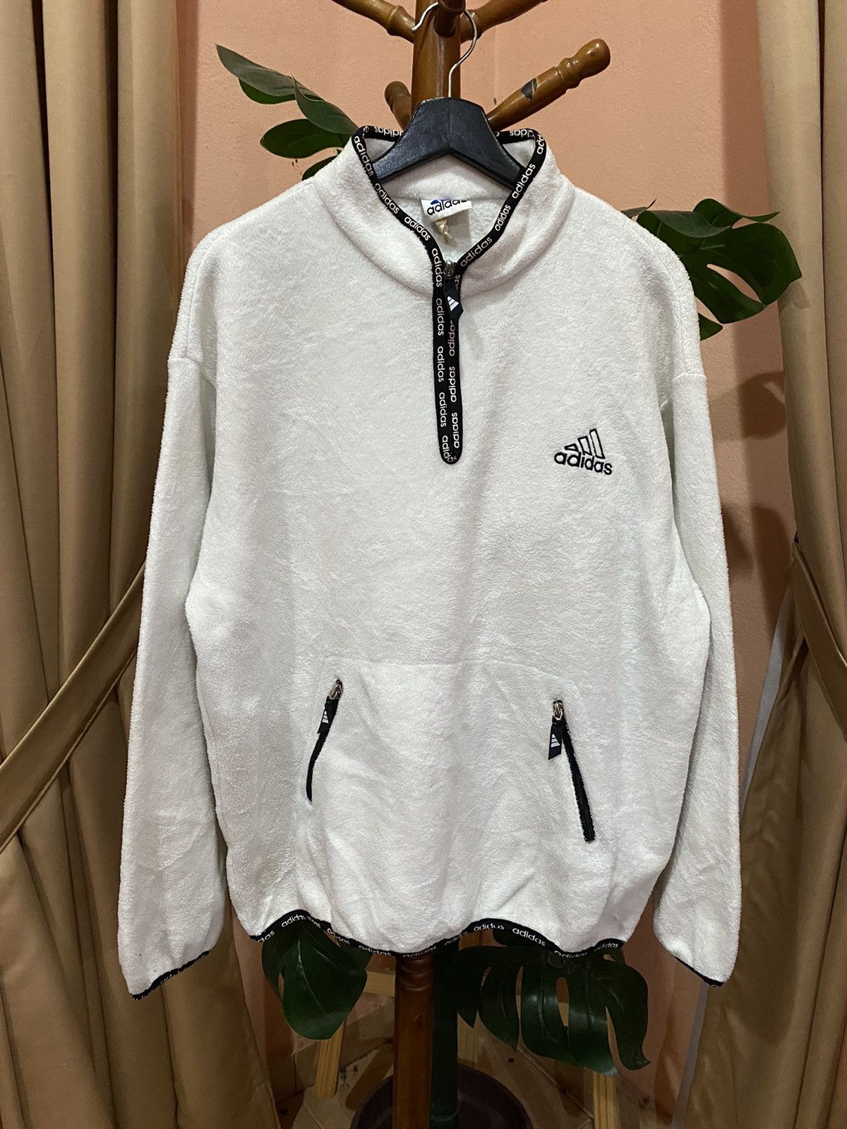 Adidas Vintage Adidas White Fleece Pullover Jacket - 1990s - Unisex Size US M / EU 48-50 / 2 - 1 Thumbnail