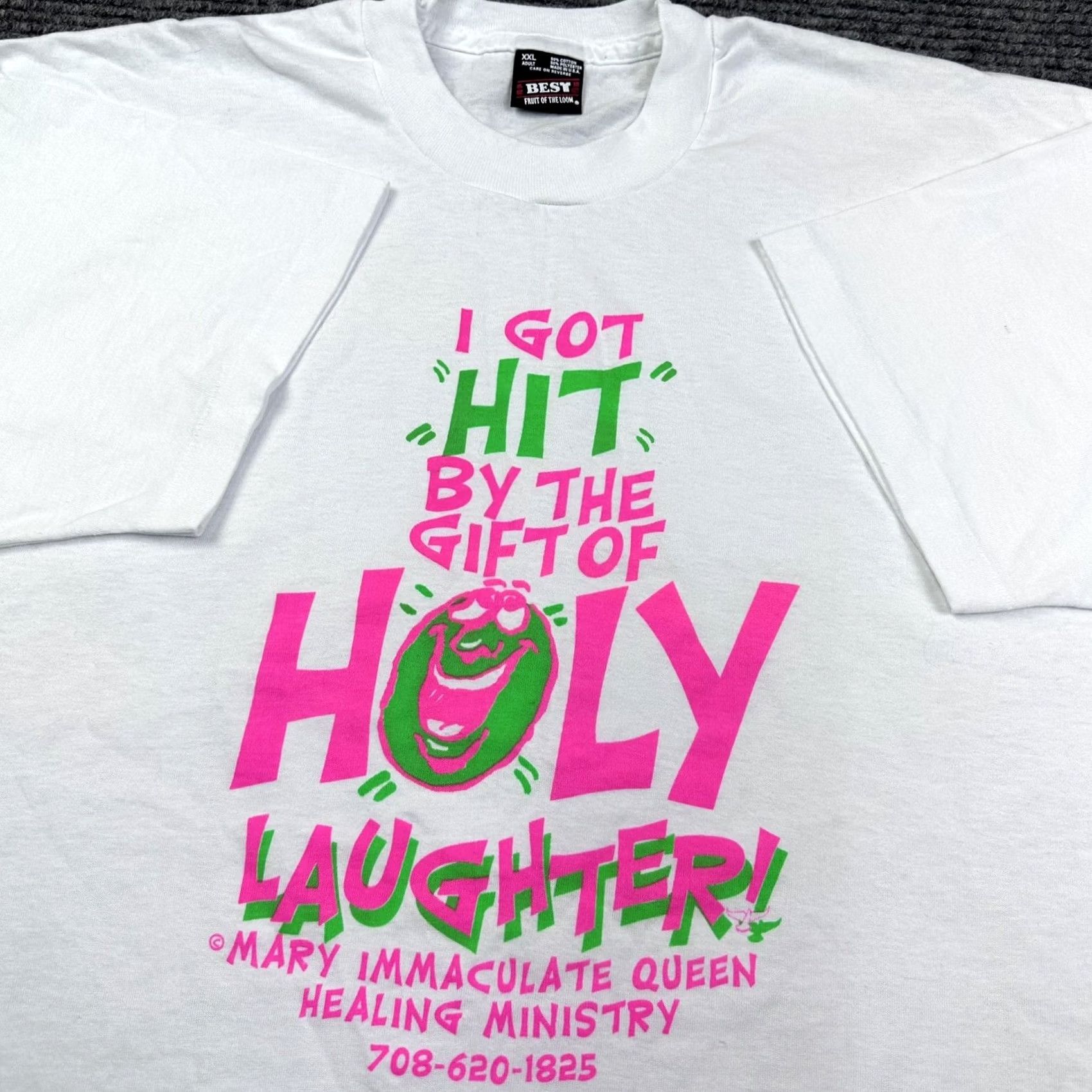 Fruit Of The Loom VINTAGE 90s Graphic Tee Christian Holy Laughter Shirt XXL White Cotton Polyester Fruit of the Loom Mens T-Shirt Graphic Print Functional Easy Care 2XL Size US XXL / EU 58 / 5 - 7 Thumbnail