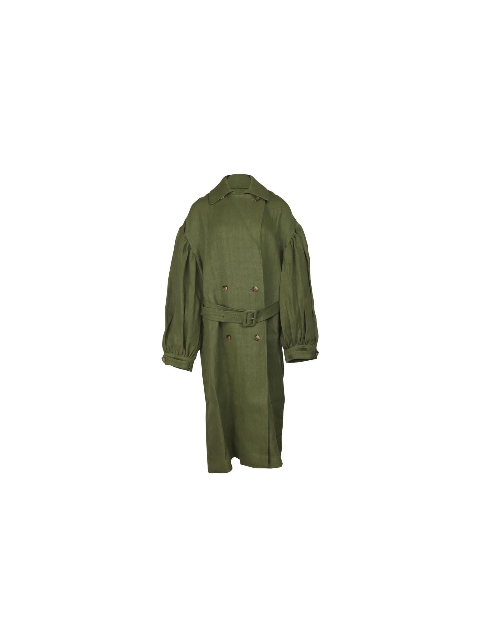 image of Acne Studios Oversized Linen Trench Coat With Puffed Sleeves In Green Olive in Green/Olive, Women's
