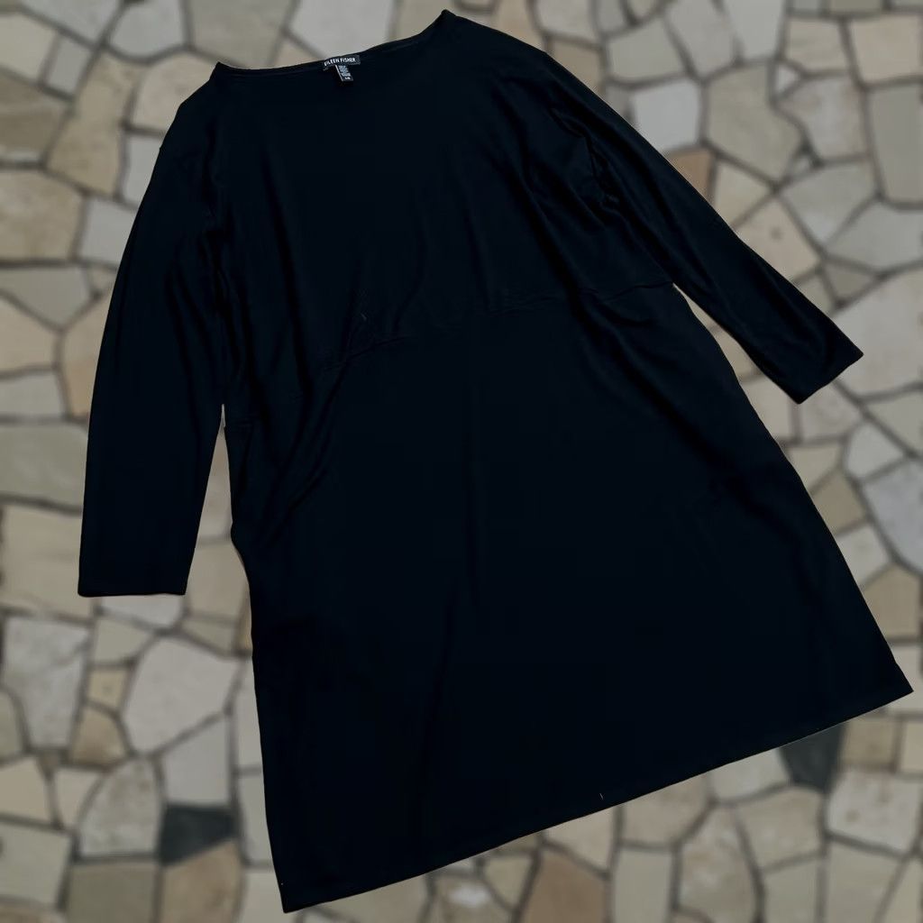 Eileen Fisher Eileen Fisher Dress Viscose Jersey Long Sleeve Womens Large A-Line Black Midi Solid Logo Size L / US 10 / IT 46 - 1 Thumbnail