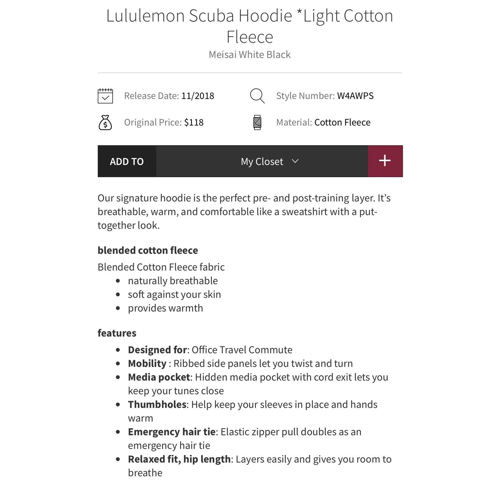 Lululemon Lululemon Scuba Hoodie – Meisai White Black (Sz 6) Size M / US 6-8 / IT 42-44 - 5 Thumbnail