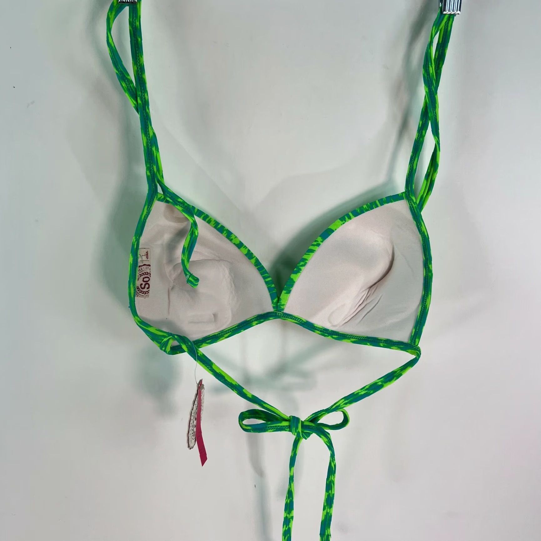 Vintage SO Bikini Top Women's Animal Print Halter Ruched Green L Large Adult Beach Strap Padded Adjustable Womens Size L / US 10 / IT 46 - 2 Thumbnail