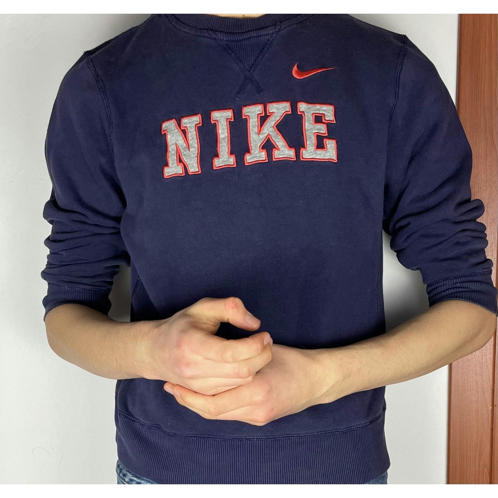 Nike × Vintage Nike Men's Navy Spellout Swoosh Fleece Pullover Sweatshirt Size US XS / EU 42 / 0 - 2 Thumbnail