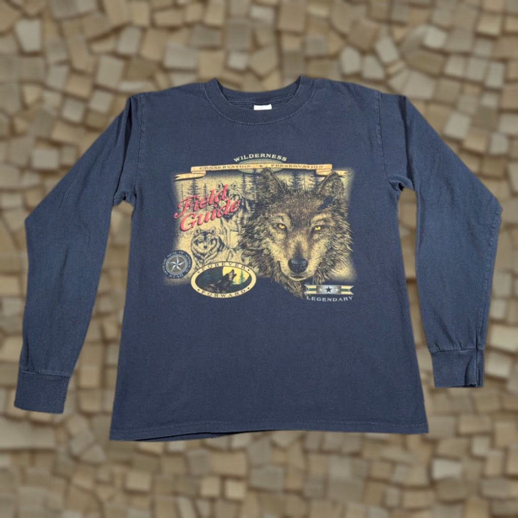 Vintage VINTAGE Outdoor Gear Wolf Shirt Adult MEDIUM Blue 90s Nature Wolves Long Sleeve Cotton Crew Neck Men Shirt Size US M / EU 48-50 / 2 - 1 Thumbnail