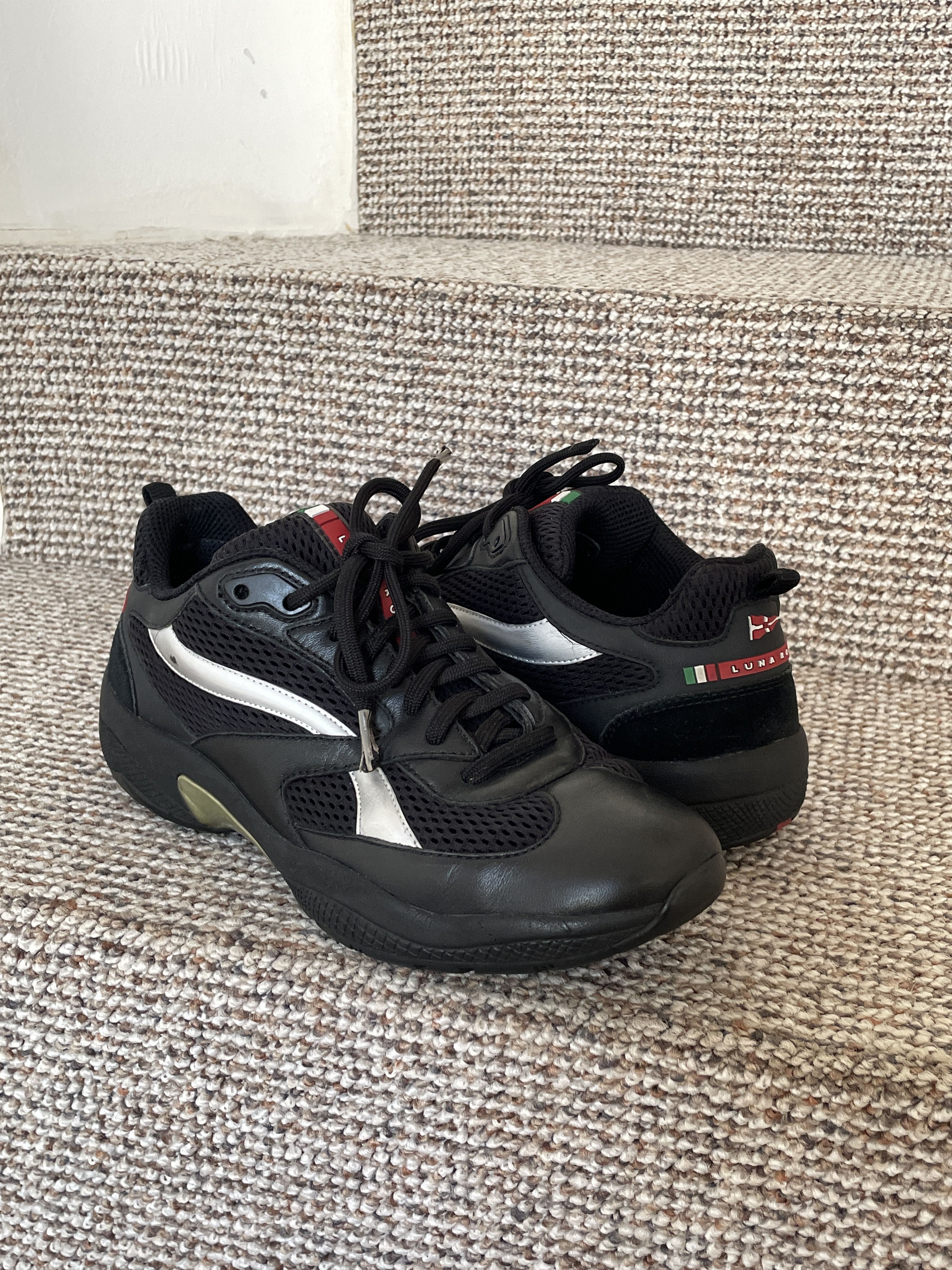 Prada Shoes Low Top Sneakers Leather Americas Cup Red Tab in Black, Women's (Size 6.5)