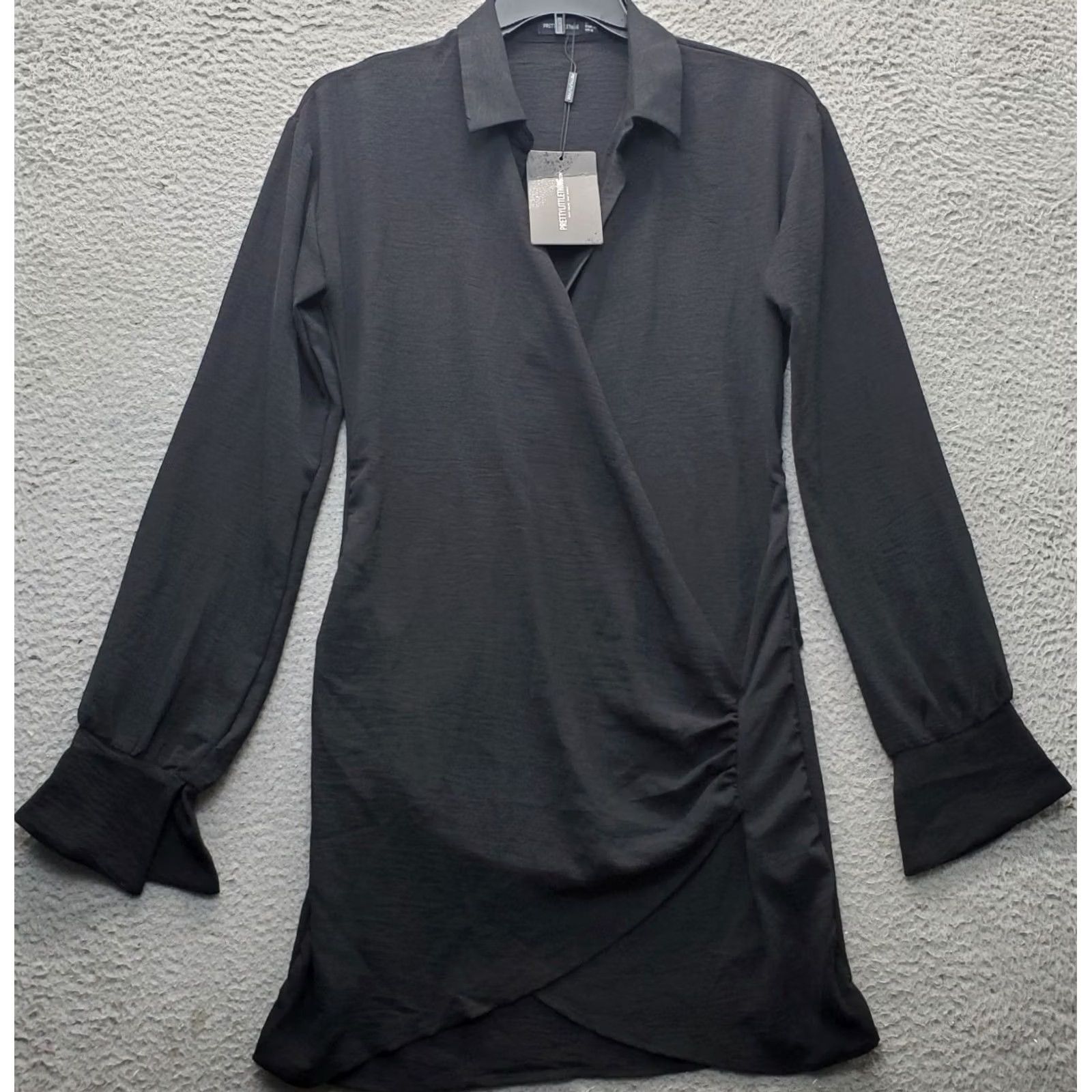 PrettyLittleThing PRETTYLITTLETHING Shirt Dress Womens 6 Black Long Sleeve Collared Ruched Side - Womens Size 6 - Black Shirt Dress Size M / US 6-8 / IT 42-44 - 2 Thumbnail