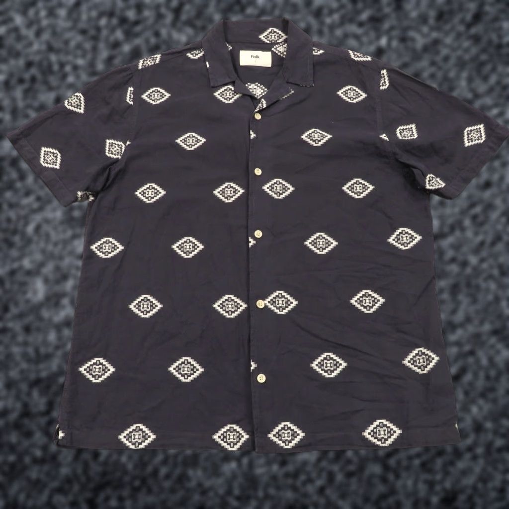 Folk Folk Shirt Mens Large Navy Cotton White Jacquard Woven Aztec Print Camp Collar Size US L / EU 52-54 / 3 - 1 Thumbnail