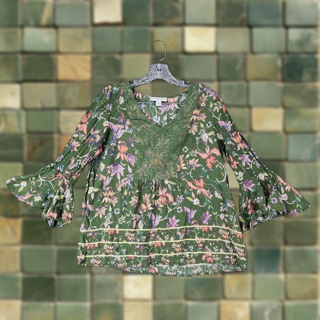 Vintage VINTAGE Vintage America Green Floral Blouse Adult Large Womens Size L / US 10 / IT 46 - 1 Thumbnail