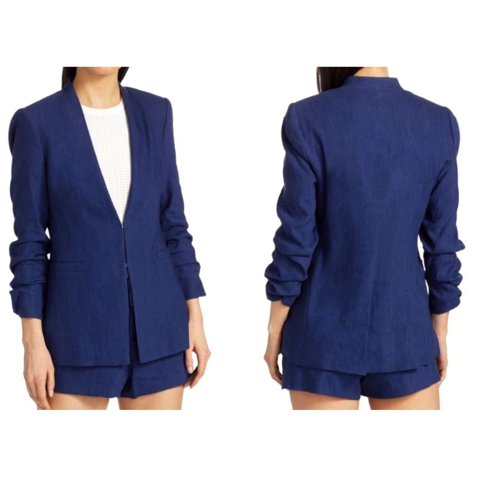 Alice + Olivia Alice & Olivia Blazer Linen Blend Azure Blue Sz 12 Women Jacket Coat Blazer Buttonless Hook & Eye Mid-Length Plain Lined Dry Clean Only Classic Fit Size XL / US 12-14 / IT 48-50 - 7 Thumbnail