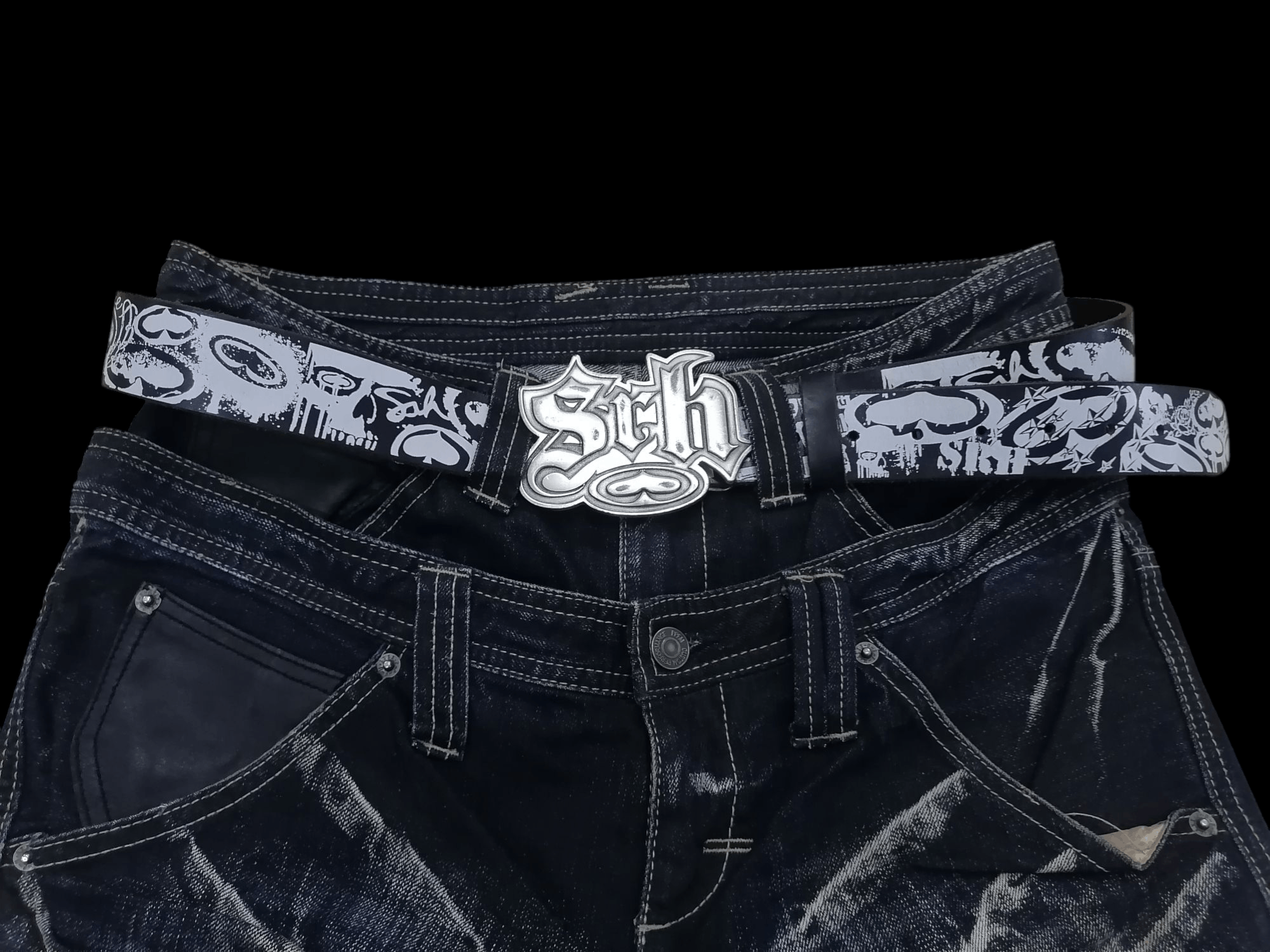 Genuine Leather S.R.H Pure Pewter Big Buckle Over Print Leather Belts Size ONE SIZE - 2 Thumbnail