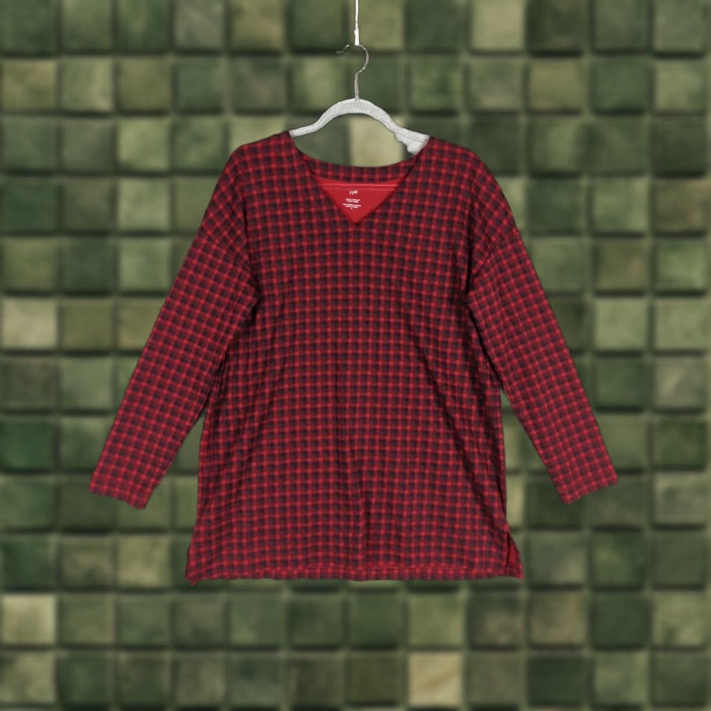 J. Jill J. Jill Tunic Shirt Regular M Red Plaid V-Neck Knit 100% Cotton Long Sleeve Casual All Seasons Womens Size M / US 6-8 / IT 42-44 - 1 Thumbnail