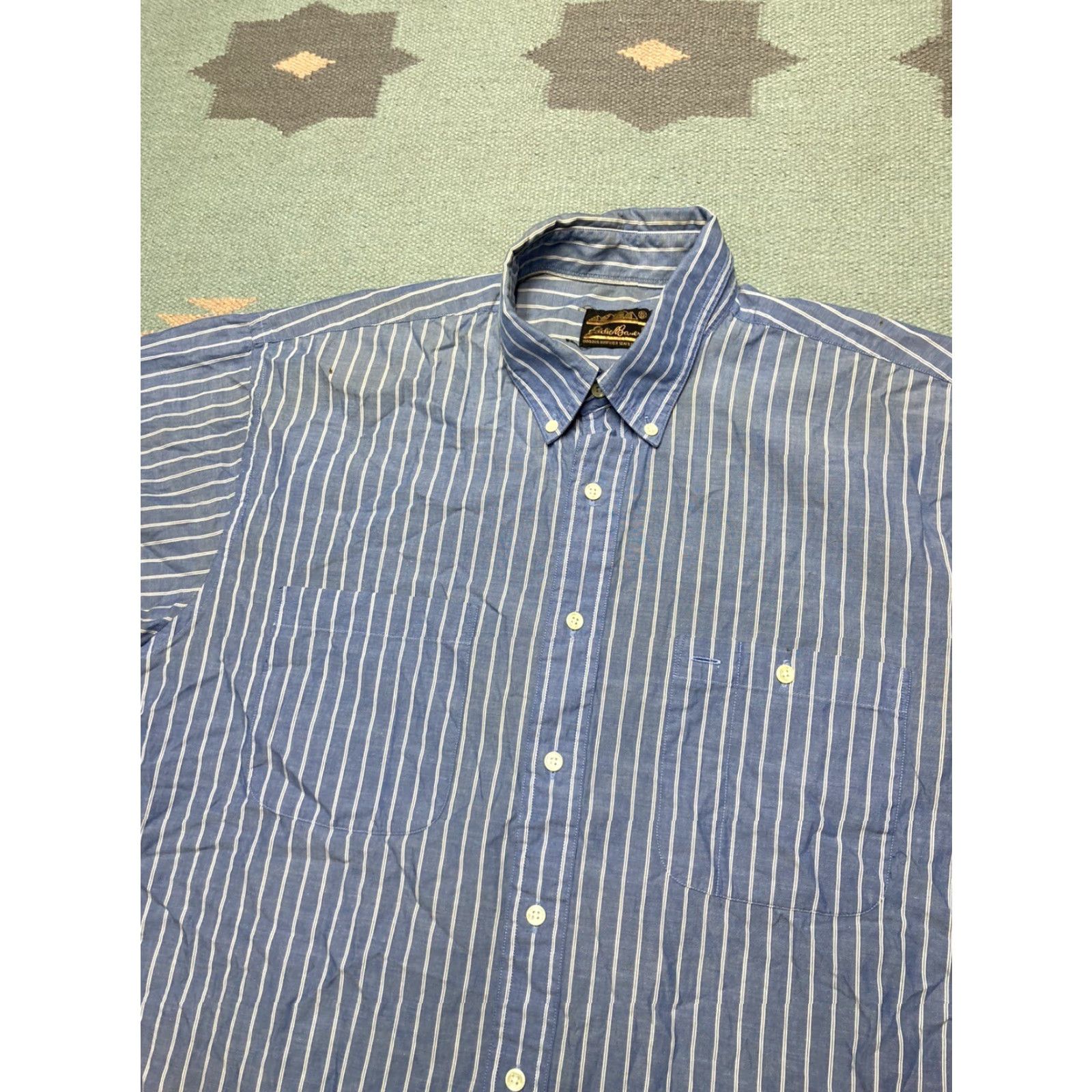 Eddie Bauer VINTAGE Eddie Bauer Button Shirt Short Sleeve Striped Cotton Pockets Blue Men’s L Large Shirts Mens Size US L / EU 52-54 / 3 - 2 Thumbnail