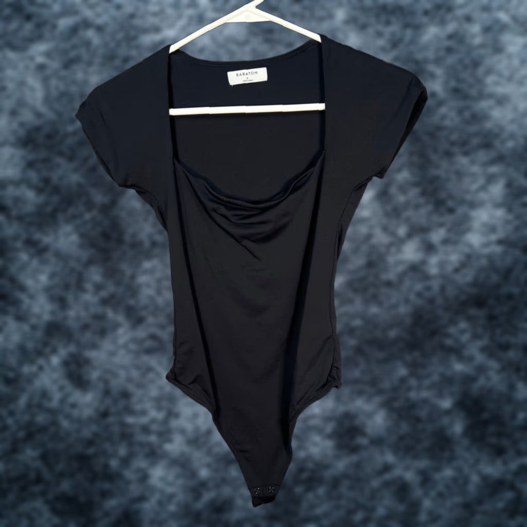Vintage Babaton Bodysuit Shirt Women S Black Short Sleeve Drape Neck Knit Nylon Elastane Stretch Casual Spring Summer Womens Size S / US 4 / IT 40 - 1 Thumbnail