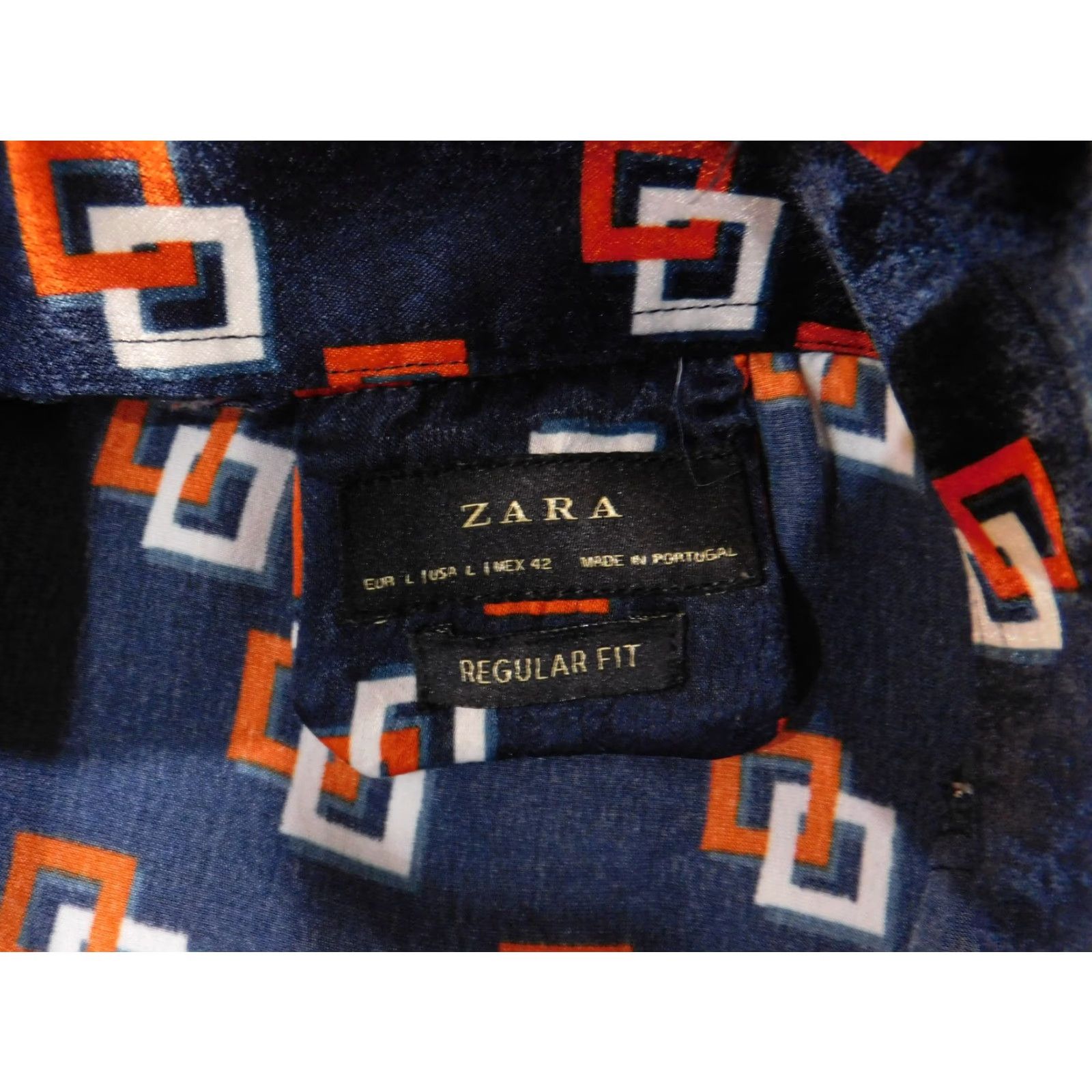 Zara Zara Shirt Mens Large Blue Geometric Print Regular Fit Button Up Long Sleeve Dress Shirt Size 42R - 7 Thumbnail
