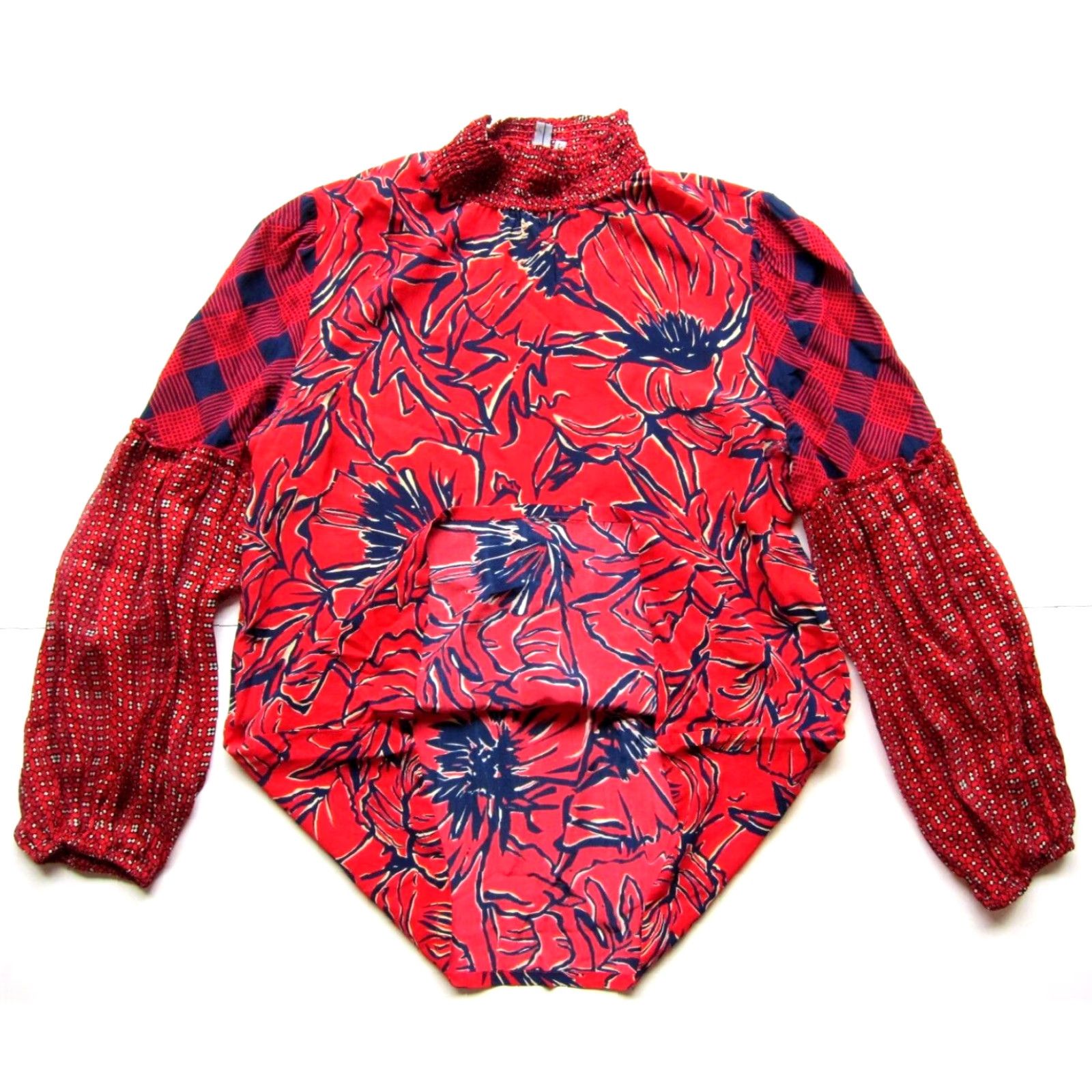 Anthropologie Blank London Anthropologie Red Floral Rayon Mock Neck Long Sleeve Blouse Small Size S / US 4 / IT 40 - 5 Thumbnail