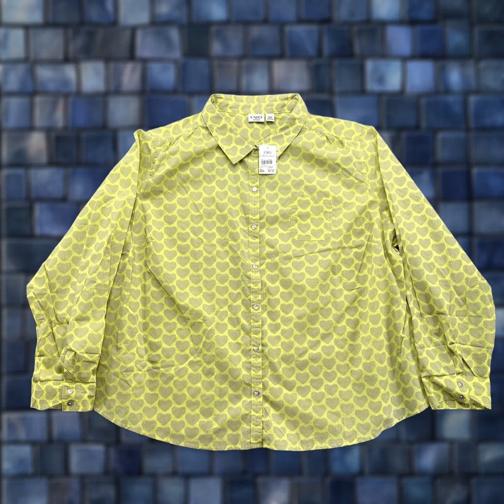 Vintage VINTAGE Cato Shirt Button-Up Heart Pattern Long Sleeve Green Women’s 26/28W NEW Size 4XL / US 24-26 - 1 Thumbnail