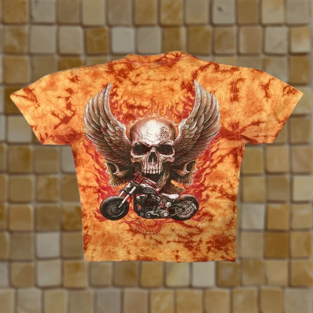 Vintage Wild Goth Biker Skull Graphic Orange Tie Dye Cotton T-Shirt Medium Size US M / EU 48-50 / 2 - 1 Thumbnail
