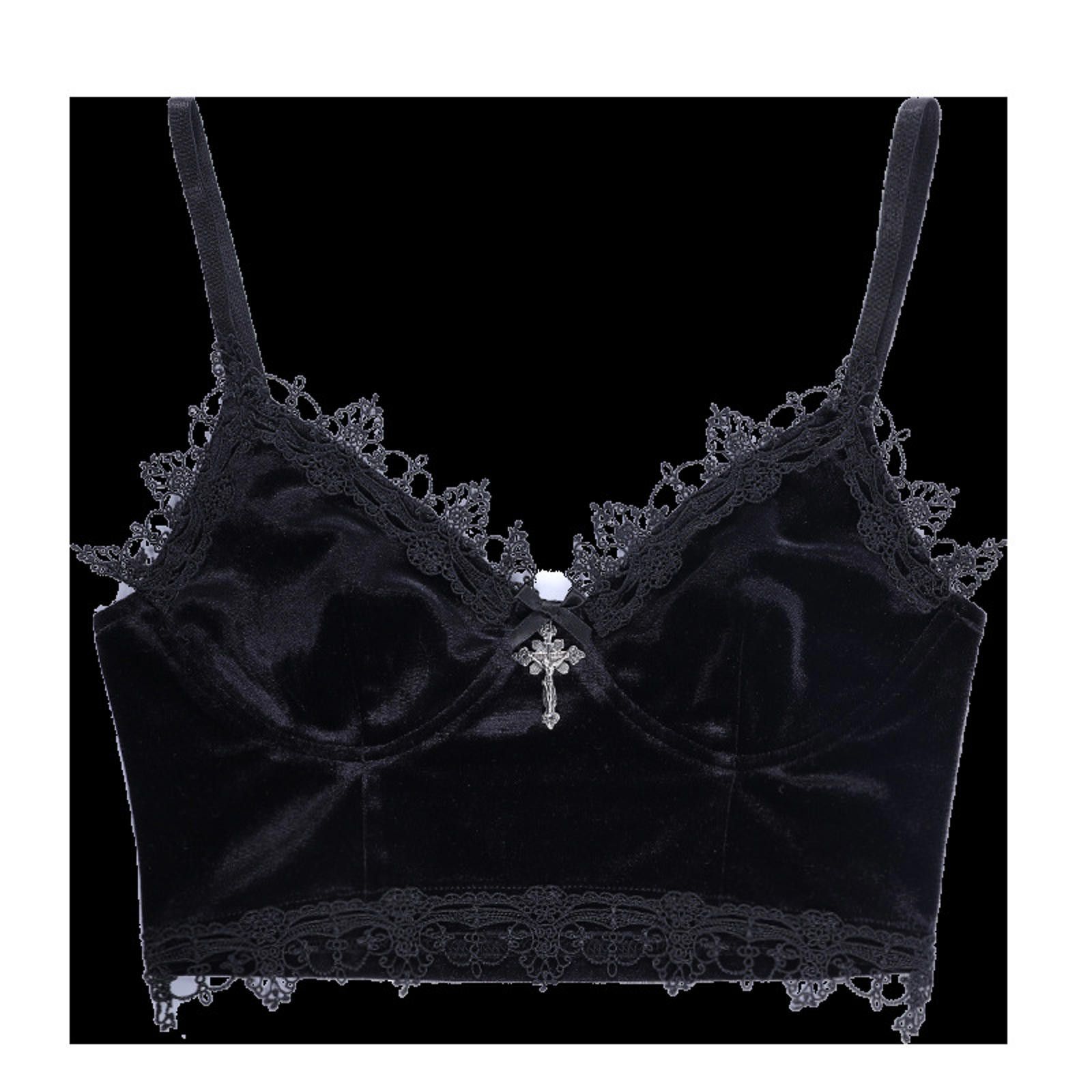 The Unbranded Brand Velvet Y2K Mall Goth Crop Tops Black Lace Trim Emo Size ONE SIZE - 6 Thumbnail
