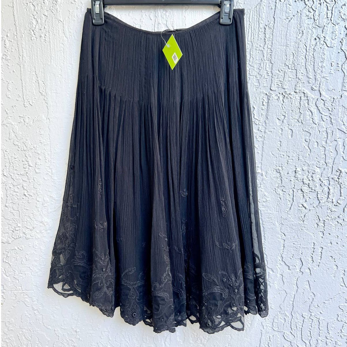image of Elie Tahari Pleated Lace Beaded Silk A-Line Midi Skirt Black, Women's (Size 26)