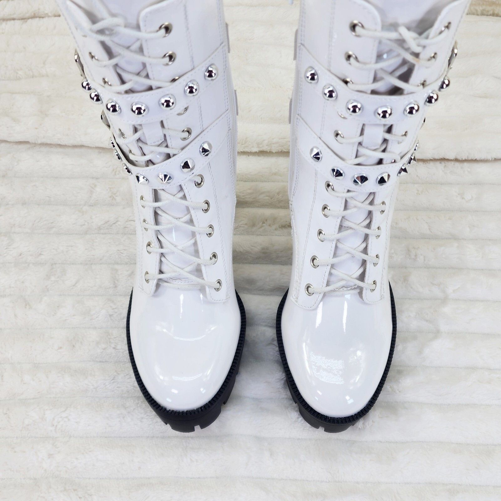 Other Bright White Patent Lug Sole Studded Strap Ankle Boots Tempt Size US 11 / IT 41 - 4 Thumbnail