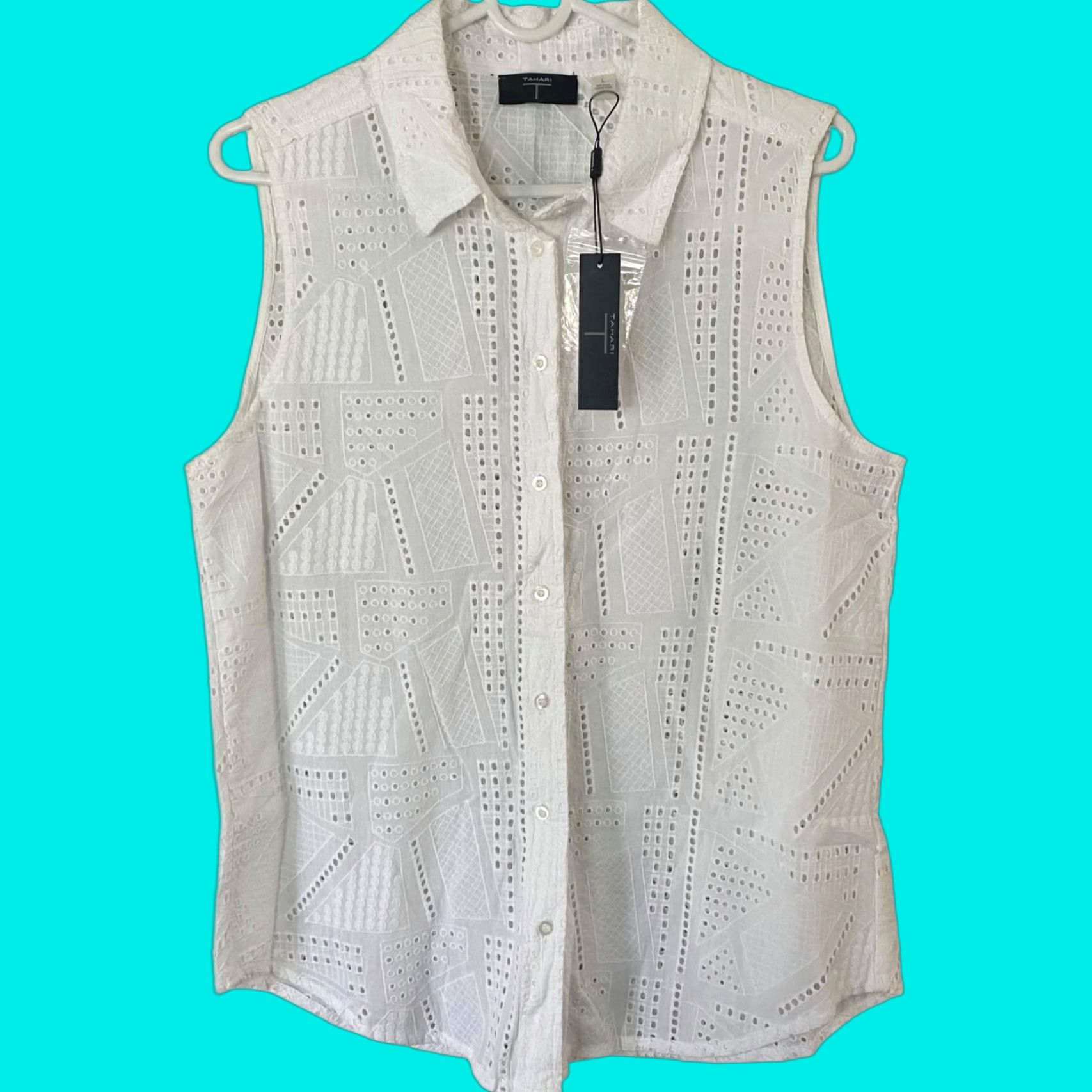 Vintage VINTAGE Tahari Embroidered Eyelet Button-Up Blouse Top Womens Large Sleeveless Cotton White Spring Summer Ladies Size L / US 10 / IT 46 - 1 Thumbnail