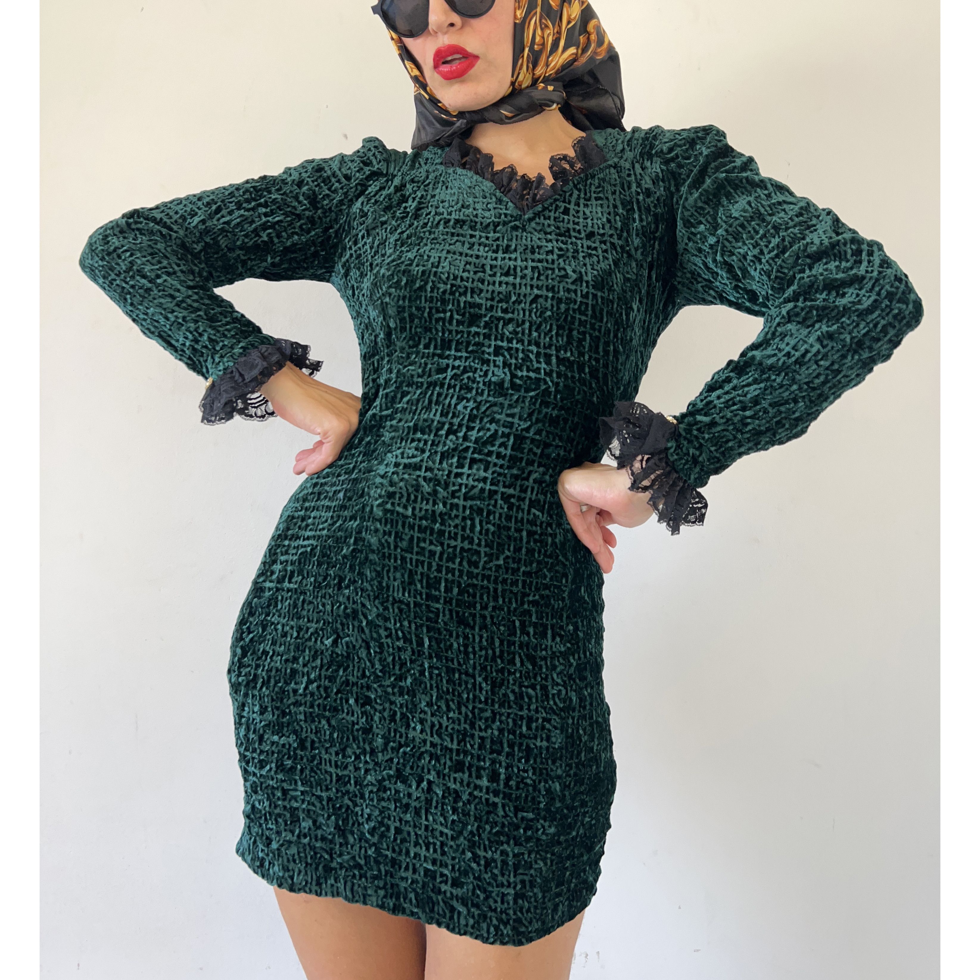 Vintage Vintage Green Crushed Velvet Mini Dress Size M / US 6-8 / IT 42-44 - 8 Thumbnail