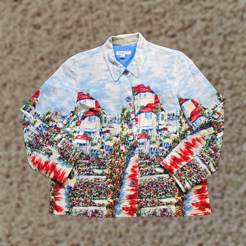Coldwater Creek Coldwater Creek Jacket Women Blue Linen Italy Painting Art To Wear Casual Size L / US 10 / IT 46 - 1 Thumbnail
