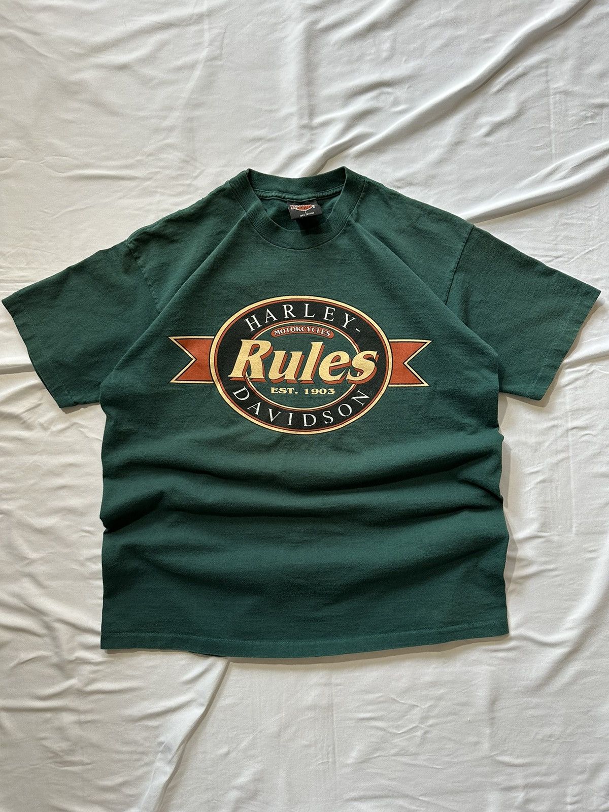 Harley Davidson × Vintage Vintage ‘91 Green Single Stitch Harley Davidson Rules Tee Size US L / EU 52-54 / 3 - 1 Thumbnail