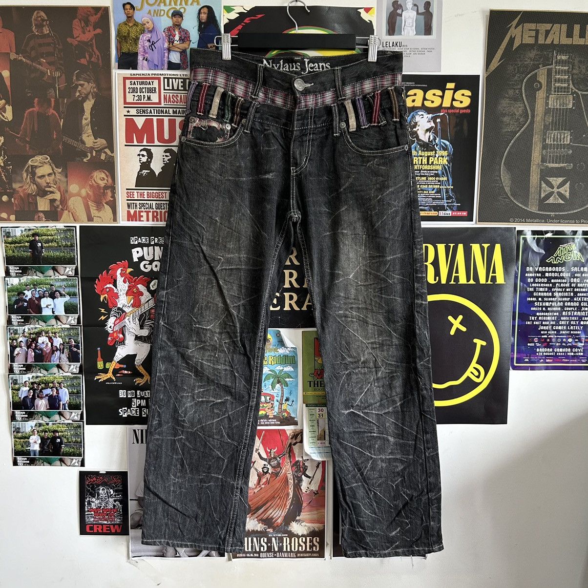 image of Archival Clothing x Vintage Nylaus Double Waist Lightning Design Denim in Black, Men's (Size 34)