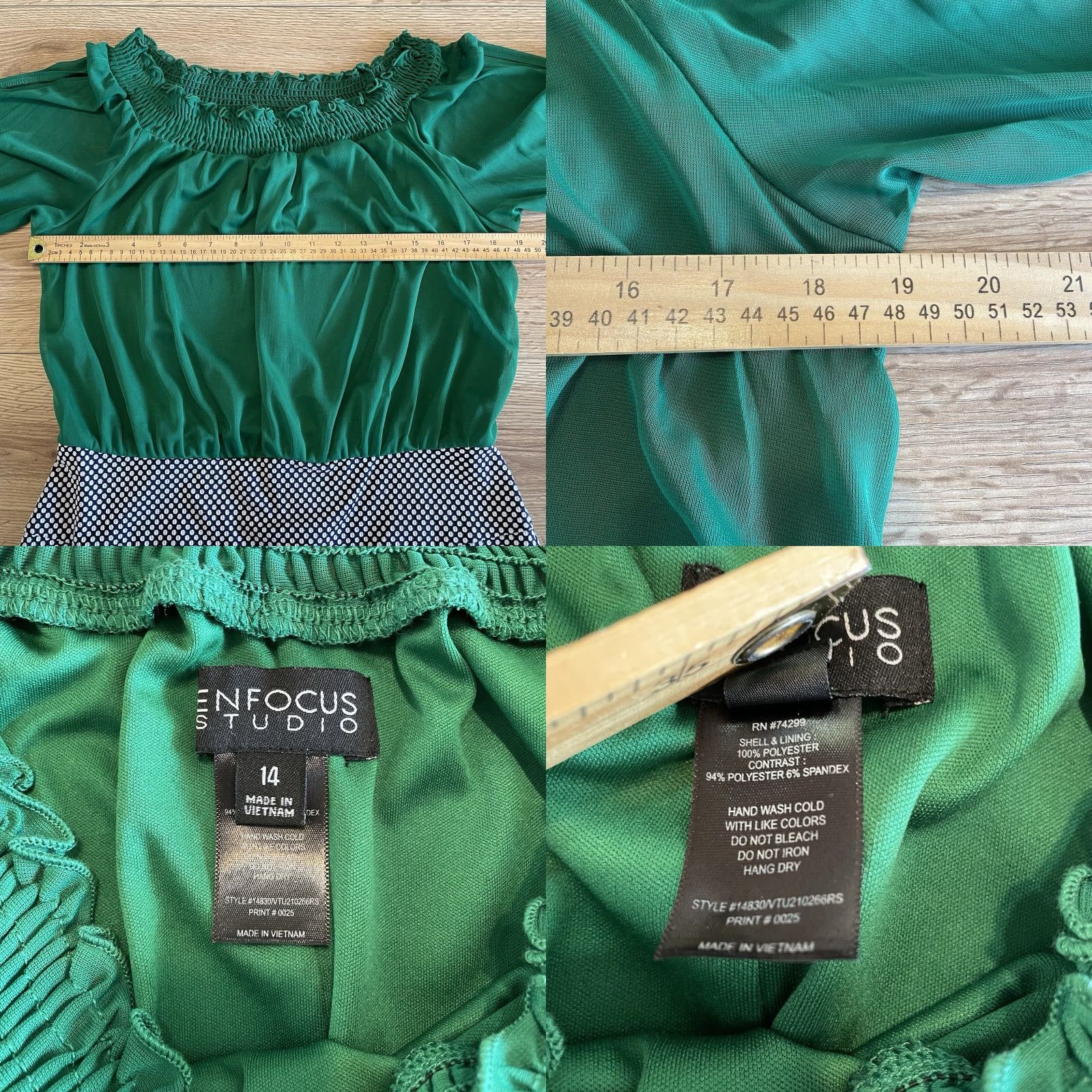 Vintage Enfocus Studio Sheer Sleeve Green Dress Black White Polka Dots Size 14 Size XL / US 12-14 / IT 48-50 - 8 Thumbnail