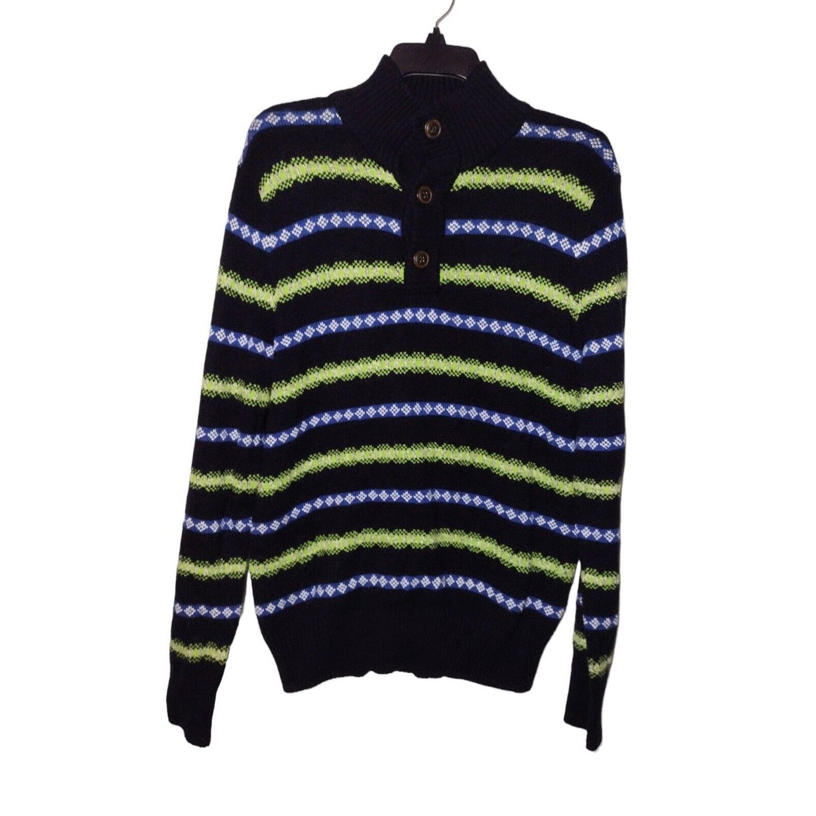 image of American Eagle Outfitters American Eagle Mens Mock Neck Sweater Size M Fair Isle Strip in Navy/Gree