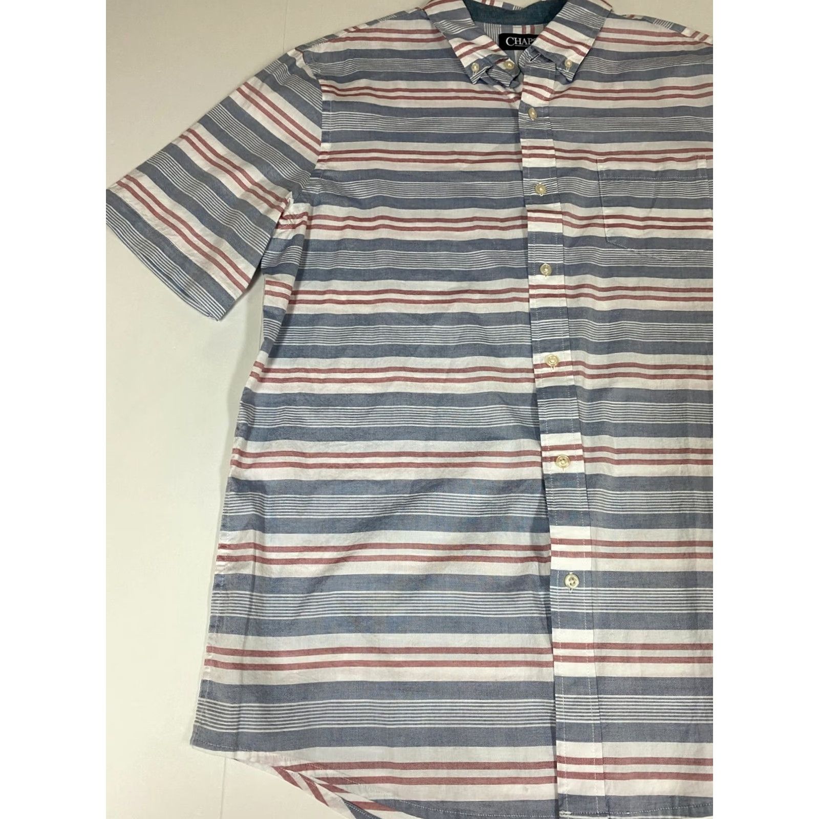 Chaps Chaps Shirt L Men Blue Striped Button-Down Short Sleeve Cotton Knit Casual Surf 90s? Size US L / EU 52-54 / 3 - 3 Thumbnail